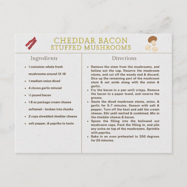 Cartão Postal Cheddar Bacon Cogumelos Enchidos Recebe Comida de  (Frente)