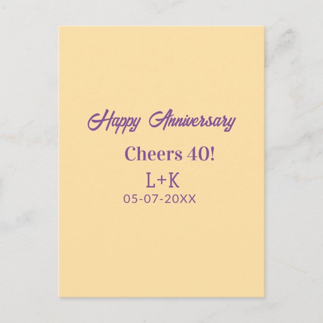 Cartão Postal Cheers 40 happy anniversary purple orange pastel n (Frente)