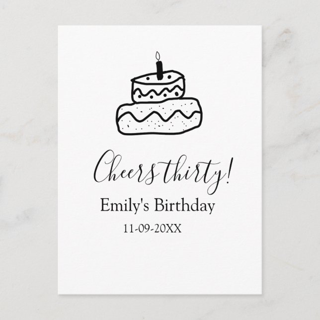 Cartão Postal Cheers thirty birthday cake black scribble hand (Frente)