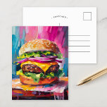 Cartão Postal Cheeseburger Colorful Modern Abstrato Art<br><div class="desc">Uma pintura moderna divertida e divertida de um gigante cheeseburger carregado. A trabalho de arte é trazida à vida com pinceladas abstrato, texturizadas, em cores vibrantes como rosa, azul e amarelo. O uso ousado da cor e da escala exagerada dá ao cheeseburger uma sensação enérgica e caprichosa. Esta animada e...</div>