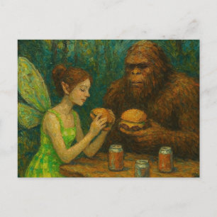Cartão Postal Cheeseburgers Comendo Fadas e Sasquatch