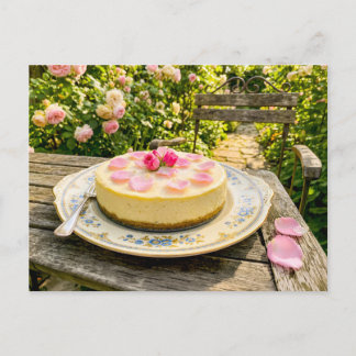 Cartão Postal Cheesecake de quark de rosa na mesa do jardim