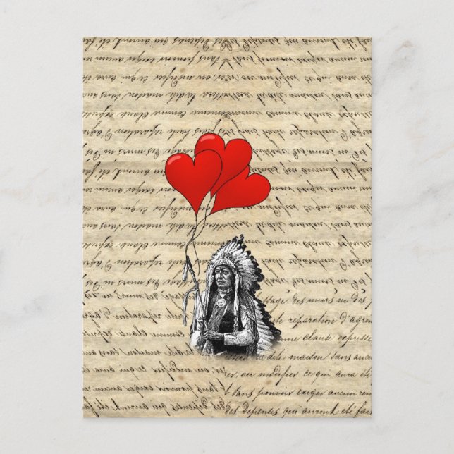 Cartão Postal Chefe Indígena Engraçado e balões de coração (Frente)