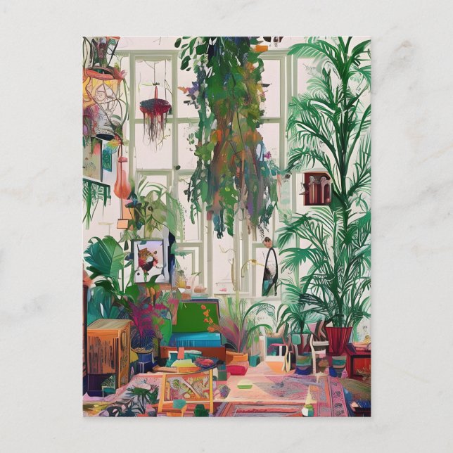 Cartão Postal Cheio de Plantas na Sala de Estar do Boho (Frente)