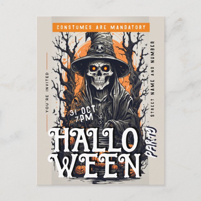 Cartão Postal Cheio Lua Caveira Branca Festa de Halloween Convit (Frente)