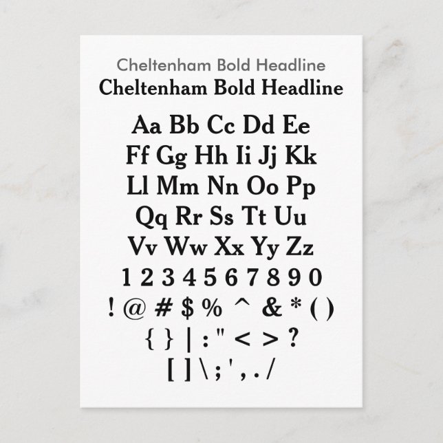 Cartão Postal Cheltenham Bold Headline - Zazzle Font Sample (Frente)