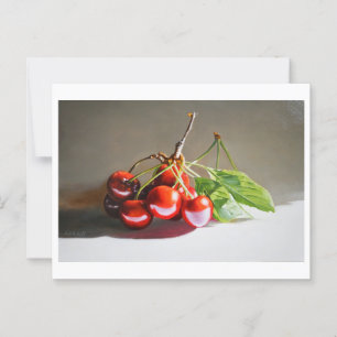 Cartão Postal Cherry Ainda Vida Realista com Folhas de Belas Art