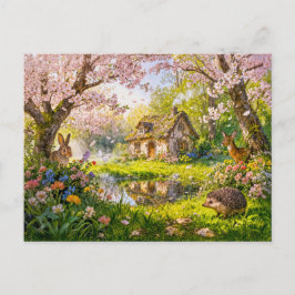 Cartão Postal Cherry Blossom Cottage by the Garden Pond