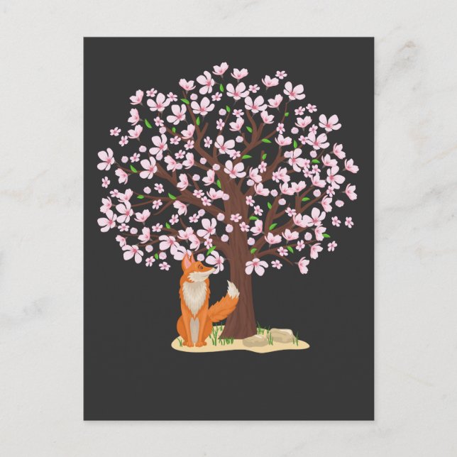 Cartão Postal Cherry Blossom Fox Japonês Sakura Tree (Frente)