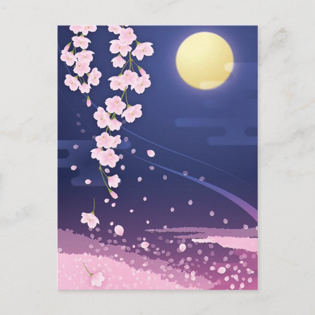 Cartão Postal Cherry Blossomo Asian Sakura com Céu Noturno (Frente)