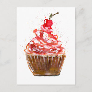 Cartão Postal Cherry Cupcake Watercolor