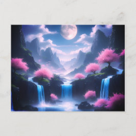 Cartão Postal cherry pink tree-Moonlit Waterfall with mountains