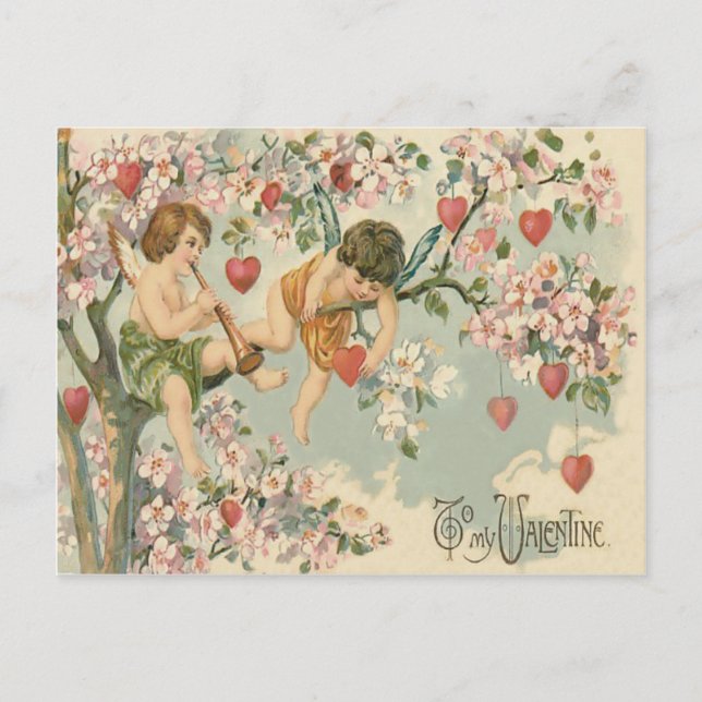 Cartão Postal Cherub Cupid Flute Magnolia Tree Heart (Frente)