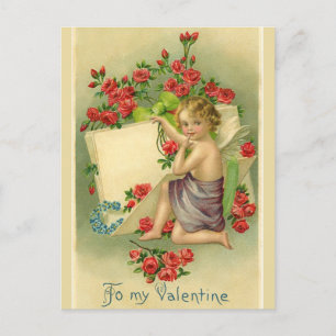 Cartão Postal Cherub do Namorados Vintage cercado por Rosas verm
