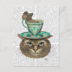 Cartão Postal Cheshire Cat com Copa na Cabeça