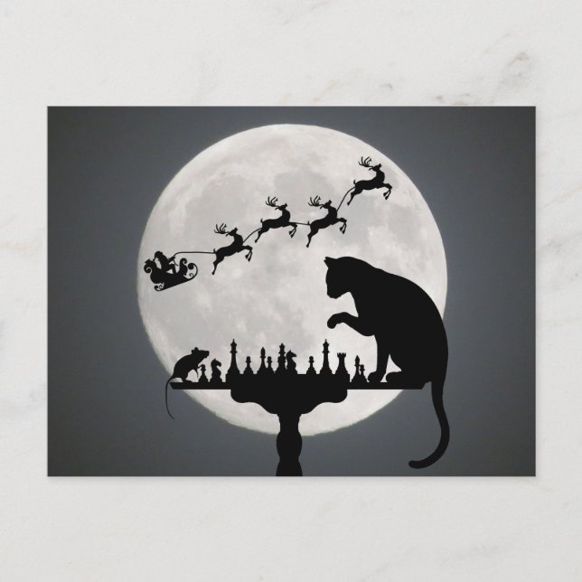 Cartão Postal Chess Full Moon Cat n Mouse Natal Obrigado (Frente)