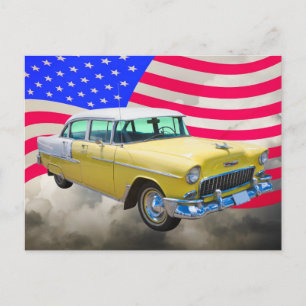 Cartão Postal Chevrolet Bel Air 1955 Com Bandeira Americana