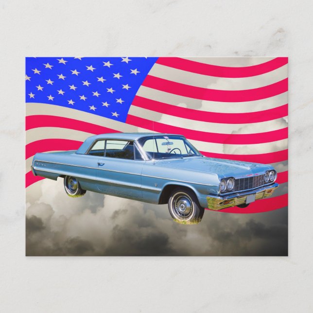 Cartão Postal Chevrolet Impala Car E Bandeira Americana De 1964 (Frente)