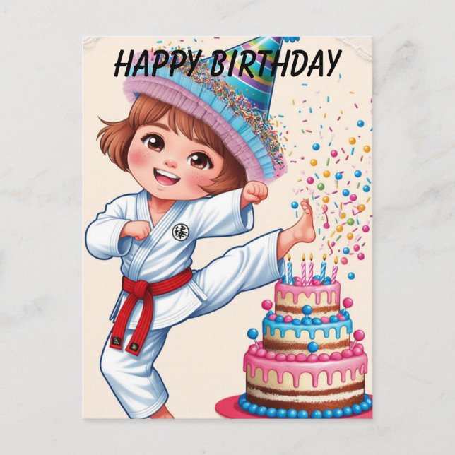 Cartão Postal Chibi chutando bolo de aniversário (Frente)