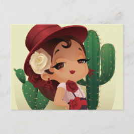 Cartão Postal Chibi flamenco em chapéus e cactos espanhóis