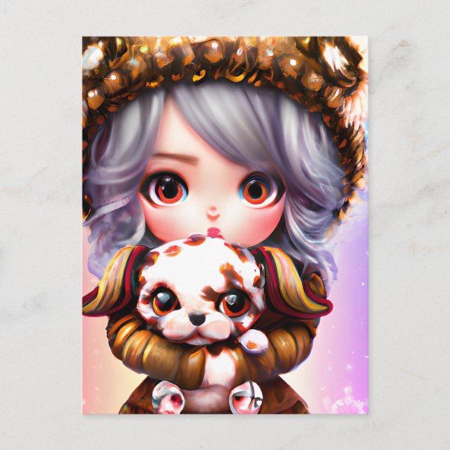 Cartão Postal Chibi - Garota Adorável Vestida no inverno (Frente)