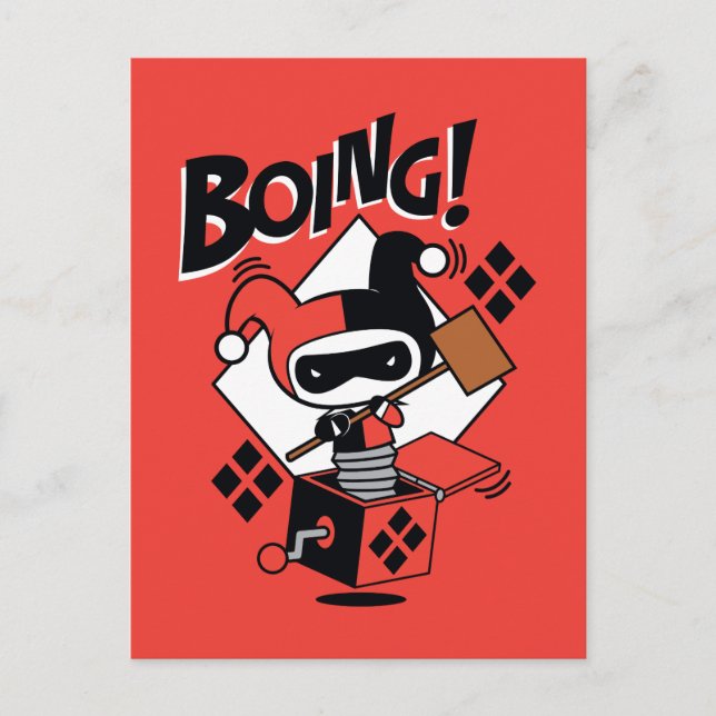 Cartão Postal Chibi Harley-Quinn-In-A-Box Com Martelo (Frente)
