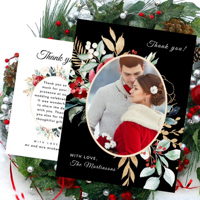 Cartão Postal Chic Black Floral Obrigado Mensagem Casamento (Criador carregado)