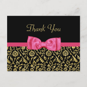 Cartão Postal Chic Black Gold Floral Damask Pink Bow Thank You