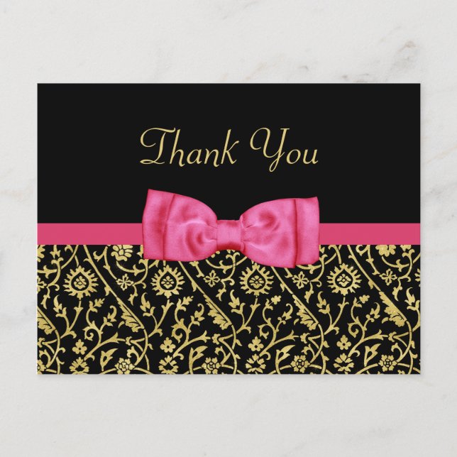Cartão Postal Chic Black Gold Floral Damask Pink Bow Thank You (Frente)
