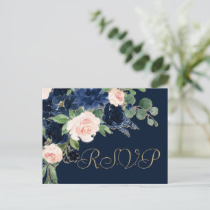 Cartão Postal Chic Blooms   RSVP Rosa e Azul do Marinho escuro