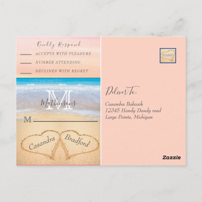Cartão Postal Chic Blush Pink Hearts Sand Beach Wedding RSVP (Verso)