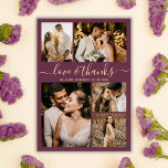 Cartão Postal Chic Burgundy Love e Obrigados Weding Obrigado<br><div class="desc">Elegante, Minimalista Burgundy e Dourada Colagem de Fotos de Casamento 5 Obrigado Cartão-Postal. Cartões de agradecimentos de casamento moderno com cinco (5) fotos na frente e uma (1) foto no verso. Com o texto "Amor e obrigados" num robusto guião tipográfico escrito em ouro sobre vinho tinto ou burgundy bordo fundo...</div>
