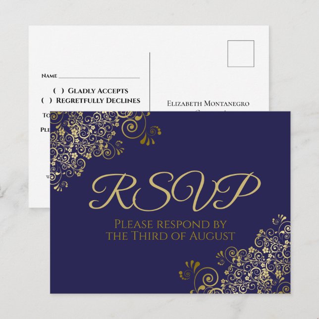Cartão Postal Chic Dourado Curls & Swirls em RSVP de Casamento d (Frente/Verso)