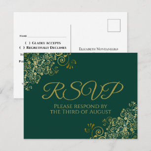 Cartão Postal Chic Dourado Frills no Emerald Green Wedding RSVP
