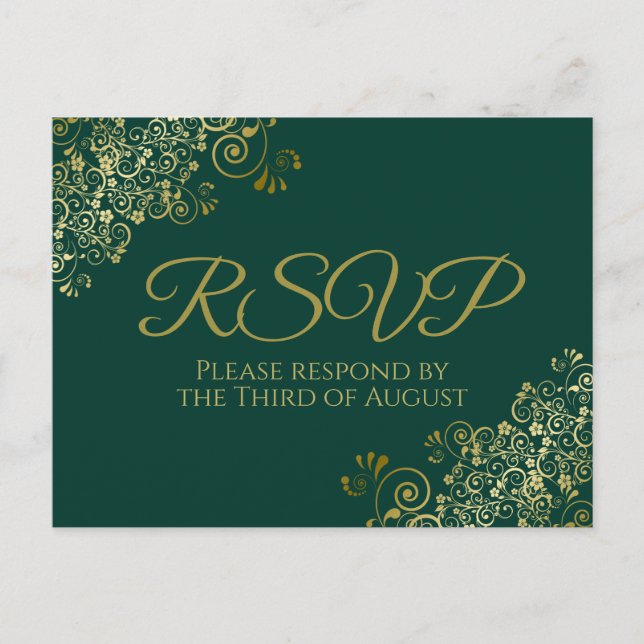 Cartão Postal Chic Dourado Frills no Emerald Green Wedding RSVP (Frente)