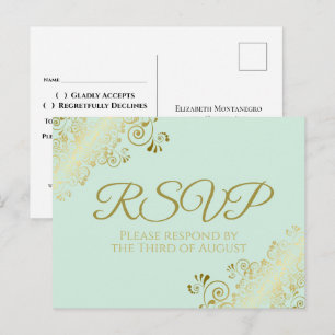 Cartão Postal Chic Dourado Frills no Neo Mint Green Wedding RSVP
