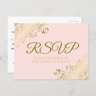 Cartão Postal Chic Dourado Frils em RSVP de Casamento Rosa Escam