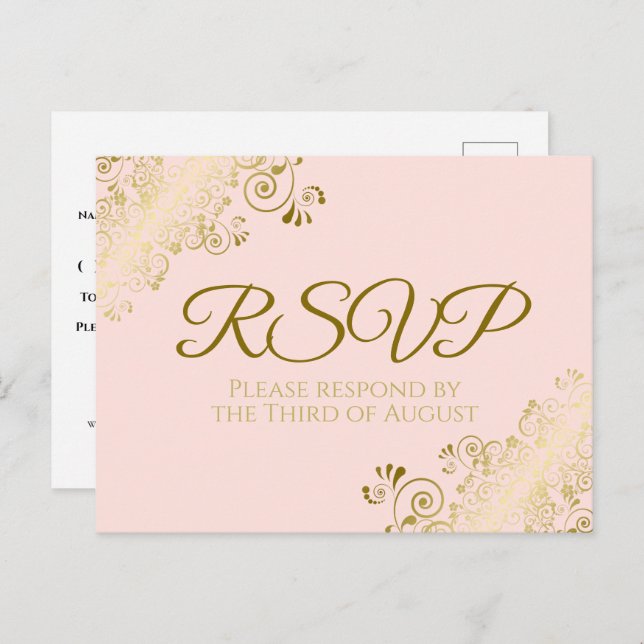 Cartão Postal Chic Dourado Frils em RSVP de Casamento Rosa Escam (Frente/Verso)