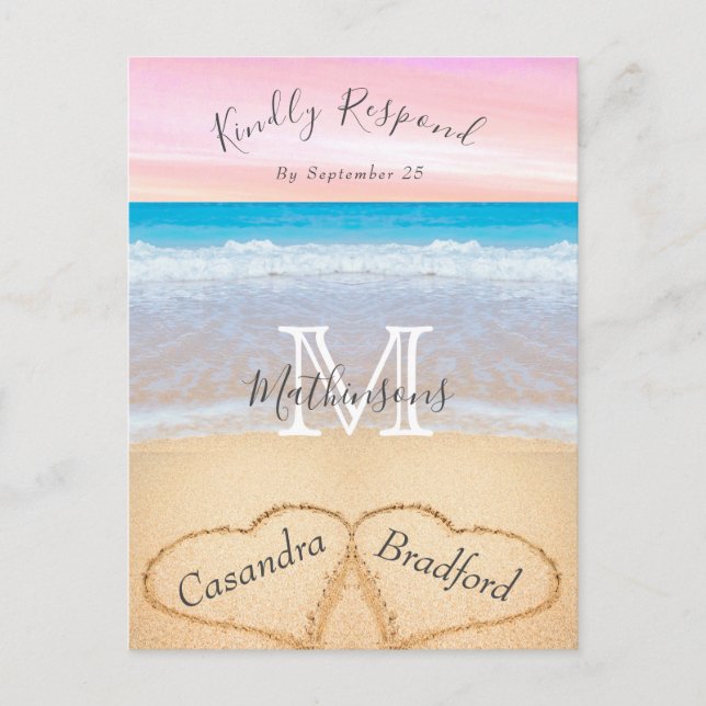 Cartão Postal Chic Dusty Blue Hearts Sand Beach Wedding RSVP (Frente)