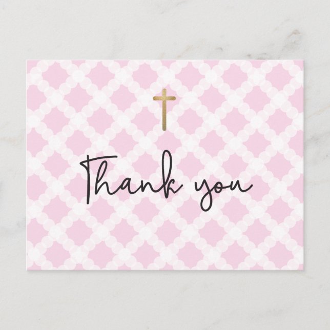 Cartão Postal Chic Elegant Pink Faux Dourada Cross First Communi (Frente)