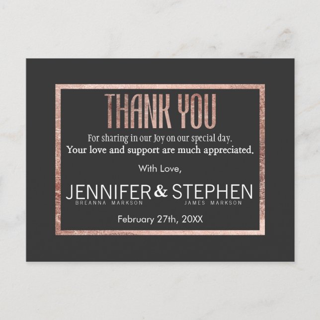 Cartão Postal Chic Faux Rosa Dourado Obrigado Cartões-postais (Frente)