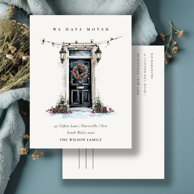 Cartão Postal Chic Festive Winter Front Door We have Moved  (Criador carregado)
