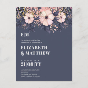 Cartão Postal Chic Floral de Casamento Floral Azul Rosegold, Cor