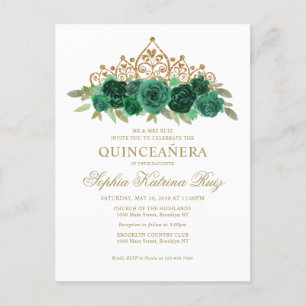 Cartão Postal Chic Floral Emerald Verde Dourada Tiara Quinceañer