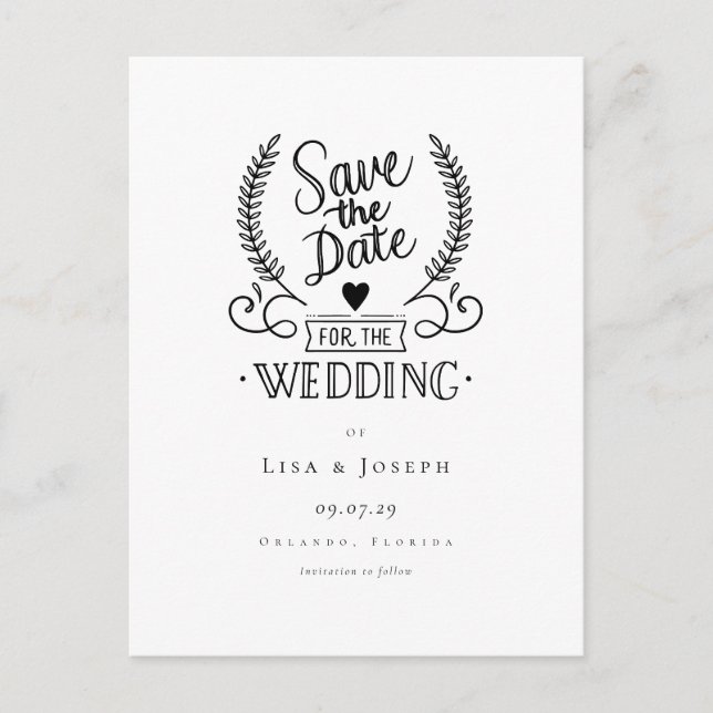 Cartão Postal Chic Garland Preto e Branco Script Save the Date (Frente)