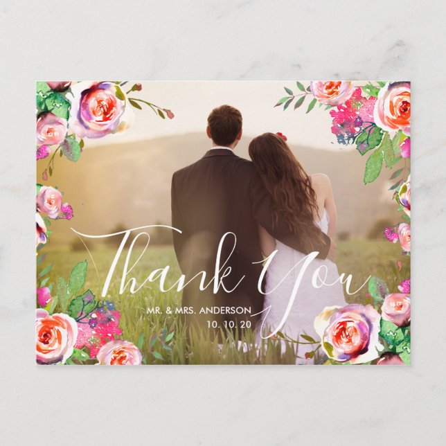 Cartão Postal Chic Hand Lettered Photo Floral Weding Obrigado (Frente)