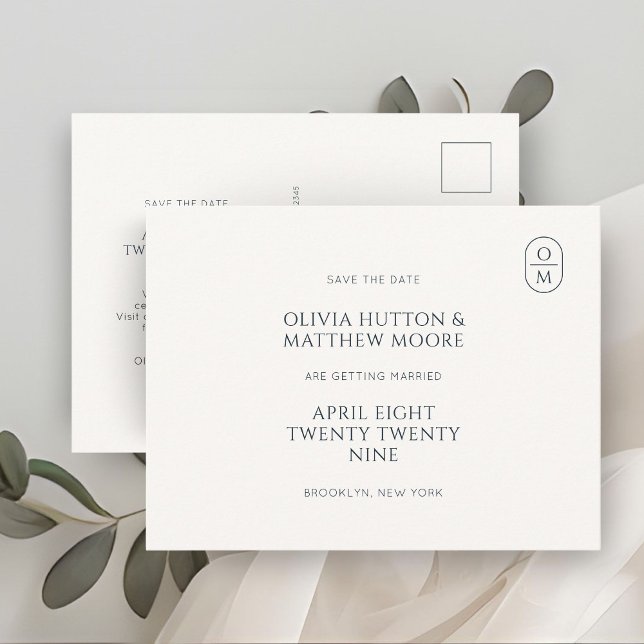 Cartão Postal Chic Minimal Monogram Wedding Save the Date (Criador carregado)