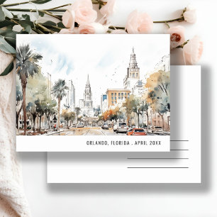 Cartão Postal Chic Orlando Flórida Horizonte Aquarela Viagem