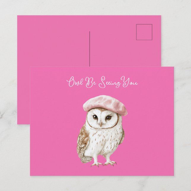 Cartão Postal Chic Pink Beret Brown White Owl Be Seeing You (Frente/Verso)