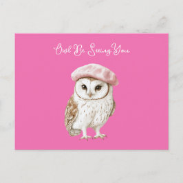 Cartão Postal Chic Pink Beret Brown White Owl Be Seeing You